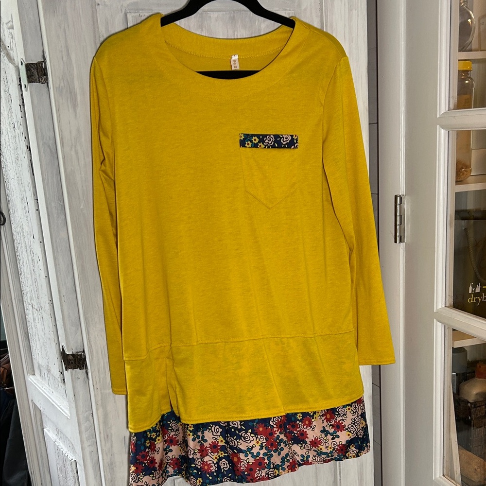 Yellow Wimens Tunic Long Sleeve Top with Floral Hem